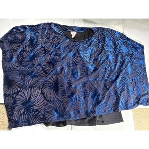Chico's Velvet Burnout Blouse Womens Size 3 Blue Black Layered Sheer Flowy Top